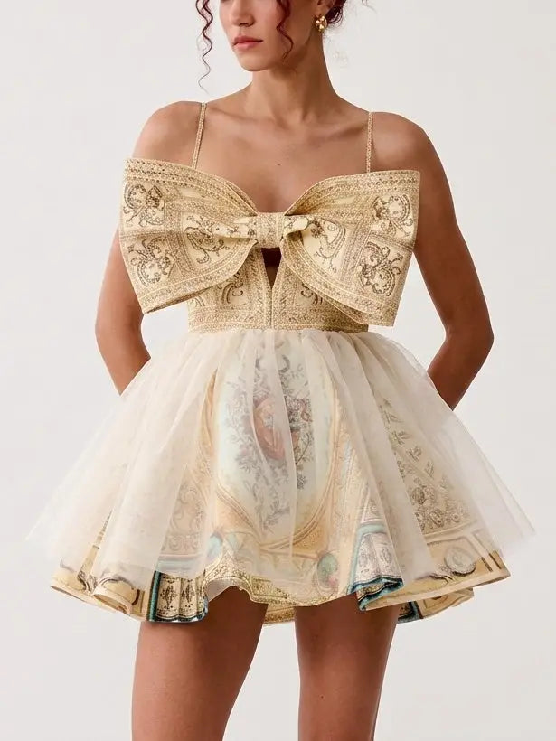 Baroque Print Bow Front Silk Flared Mini Dress - Dresses