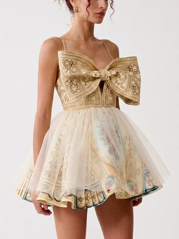 Baroque Print Bow Front Silk Flared Mini Dress - Dresses