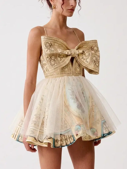 Baroque Print Bow Front Silk Flared Mini Dress - Dresses