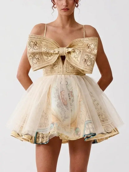 Baroque Print Bow Front Silk Flared Mini Dress - Dresses
