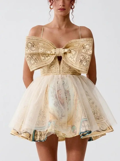 Baroque Print Bow Front Silk Flared Mini Dress - Dresses