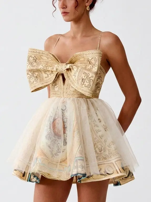 Baroque Print Bow Front Silk Flared Mini Dress - Dresses