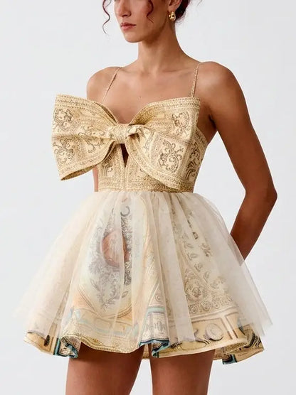 Baroque Print Bow Front Silk Flared Mini Dress - Dresses