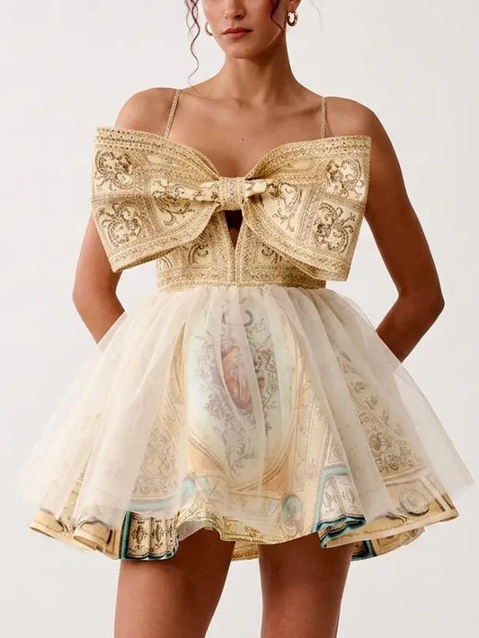Baroque Print Bow Front Silk Flared Mini Dress - Dresses