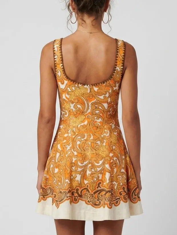 Baroque Print Cotton Blend Fit and Flare Mini Dress - Dresses