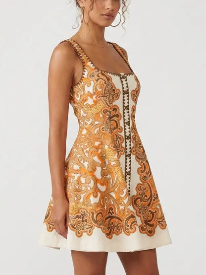 Baroque Print Cotton Blend Fit and Flare Mini Dress - Dresses