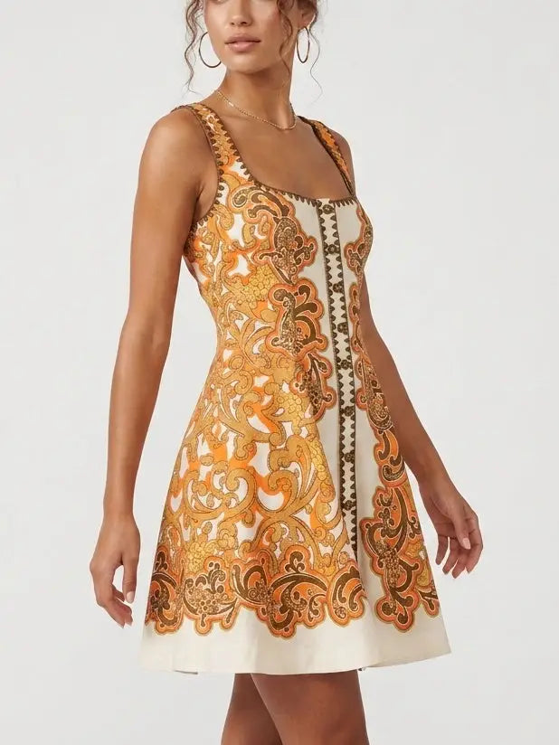 Baroque Print Cotton Blend Fit and Flare Mini Dress - Dresses