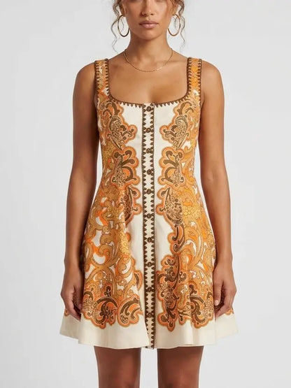 Baroque Print Cotton Blend Fit and Flare Mini Dress - Dresses