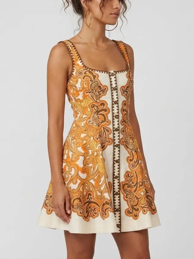 Baroque Print Cotton Blend Fit and Flare Mini Dress - Dresses