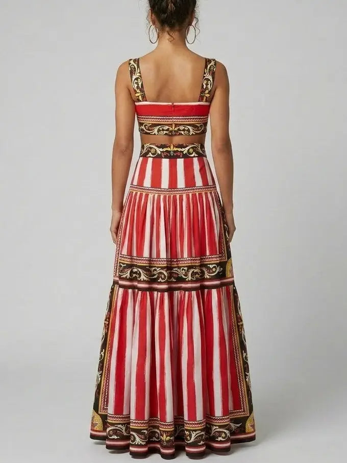 Baroque Stripe Crop Top and Tiered Maxi Skirt Set - Suits & Sets