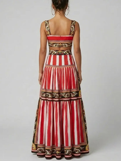 Baroque Stripe Crop Top and Tiered Maxi Skirt Set - Suits & Sets