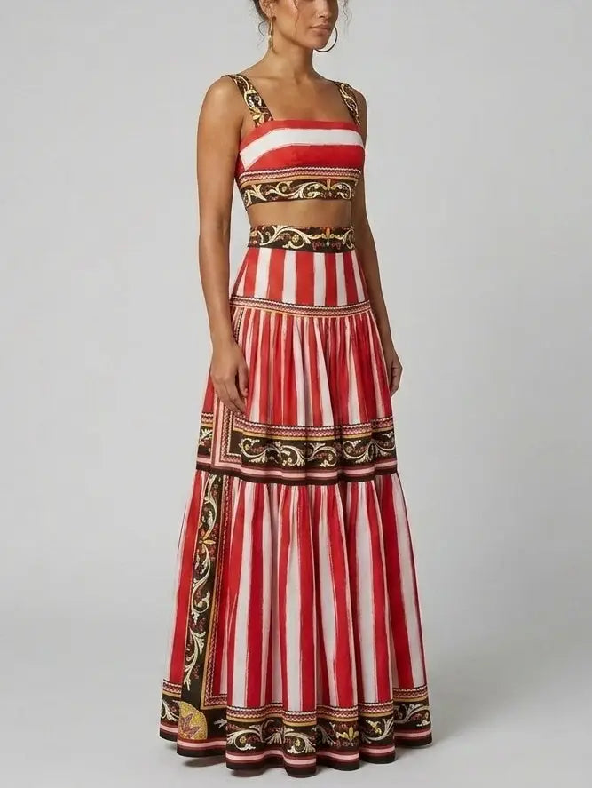 Baroque Stripe Crop Top and Tiered Maxi Skirt Set - Suits & Sets