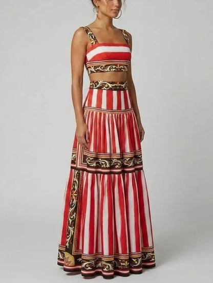 Baroque Stripe Crop Top and Tiered Maxi Skirt Set - Suits & Sets
