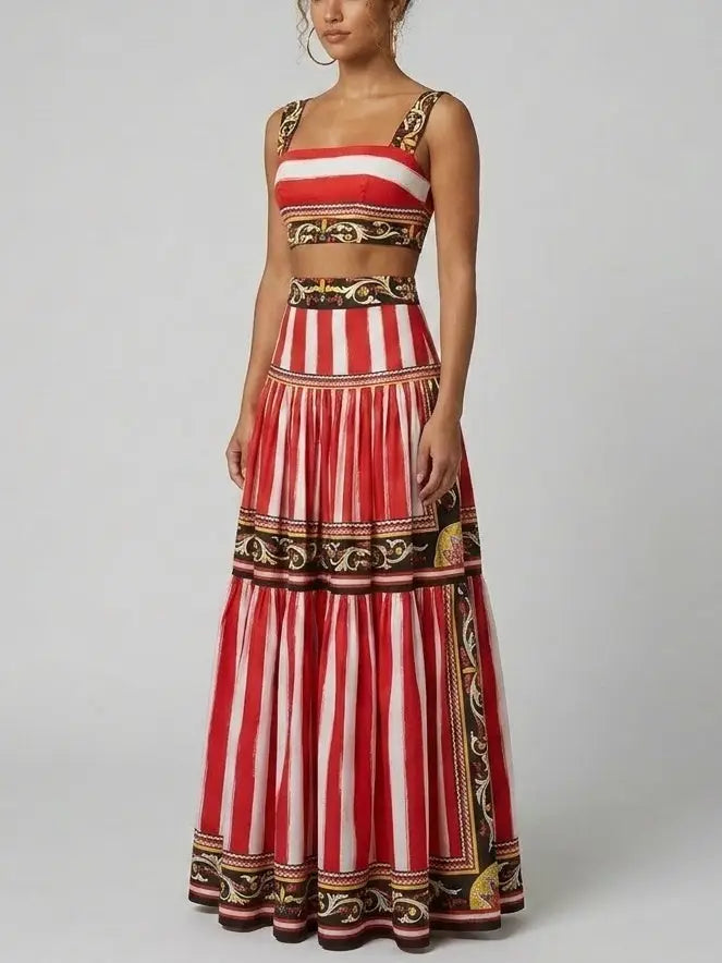 Baroque Stripe Crop Top and Tiered Maxi Skirt Set - Suits & Sets