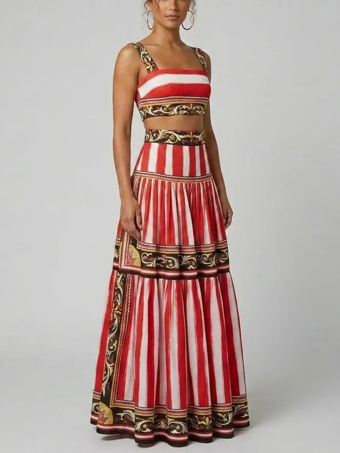Baroque Stripe Crop Top and Tiered Maxi Skirt Set - Suits & Sets