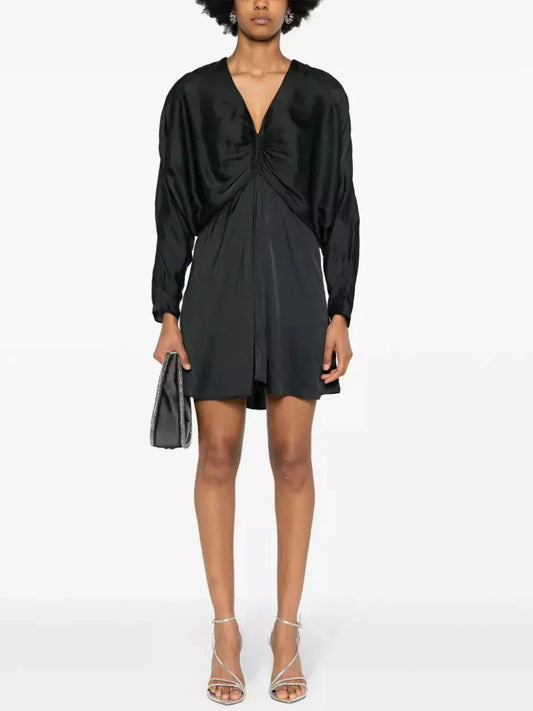 Batwing Black Satin Draped Mini Dress - Branna Couture