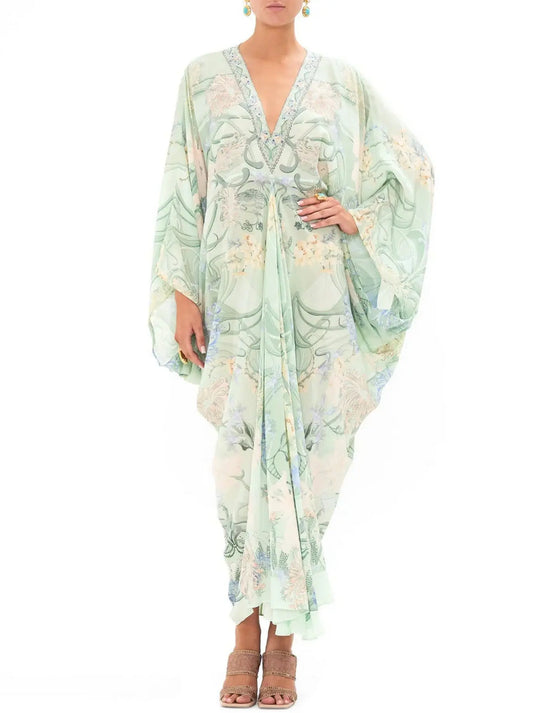 Batwing-Sleeve Draped Print V-Neck Silk Kaftan in Mint - Branna Couture