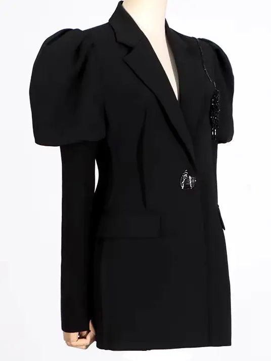 Bead-Embellished Black Puff-Sleeve Blazer Branna Couture