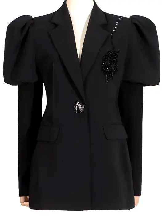 Bead-Embellished Black Puff-Sleeve Blazer Branna Couture