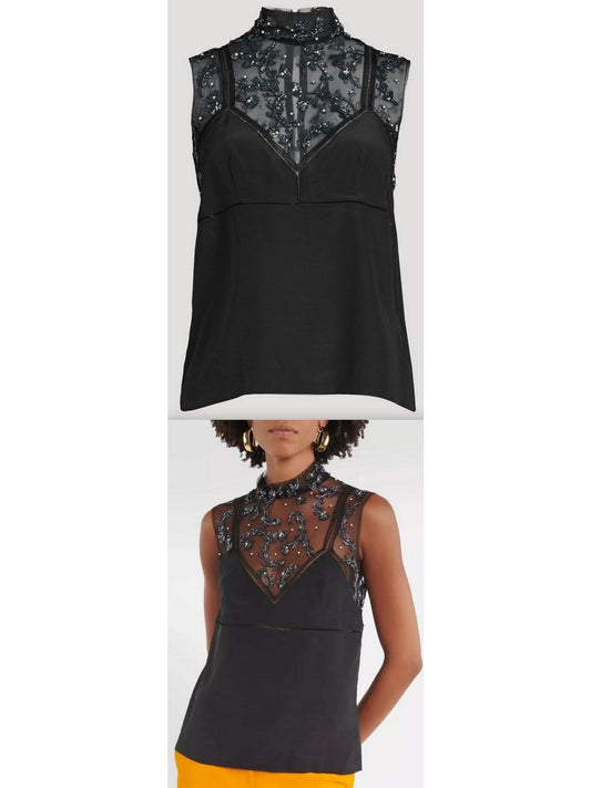 Bead-Embellished Crepe De Chine Silk Top in Black - Branna Couture