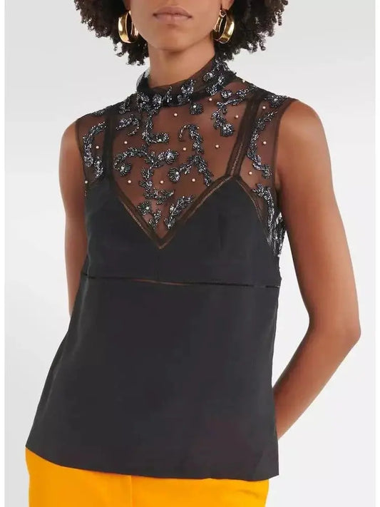 Bead-Embellished Crepe De Chine Silk Top in Black - Branna Couture