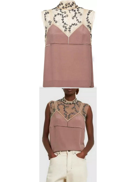 Bead-Embellished Crepe De Chine Silk Top in Dusty Rose - Branna Couture