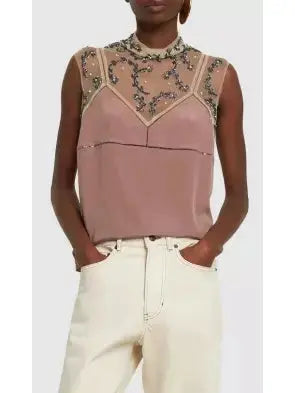 Bead-Embellished Crepe De Chine Silk Top in Dusty Rose - Branna Couture