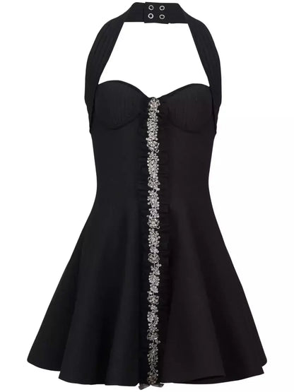 Bead-Embellished Halterneck Knit Skater Dress Branna Couture