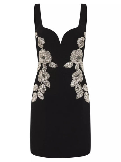 Bead-Embellished Black Sleeveless Mini Dress