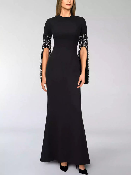Bead-Embellished Split-Sleeve Long Black Gown