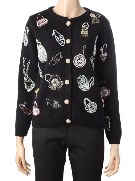 Bead-Embellished Wool-Blend Cardigan Sweater Branna Couture