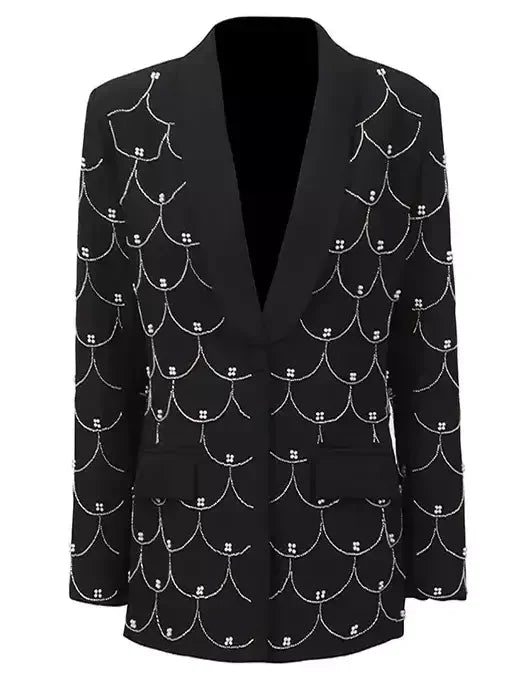 Bead-Embellished Black Single-Breasted Blazer - S - Jackets