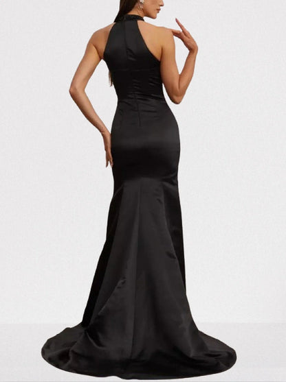 Bead-Embellished Halterneck Black Gown - Dresses