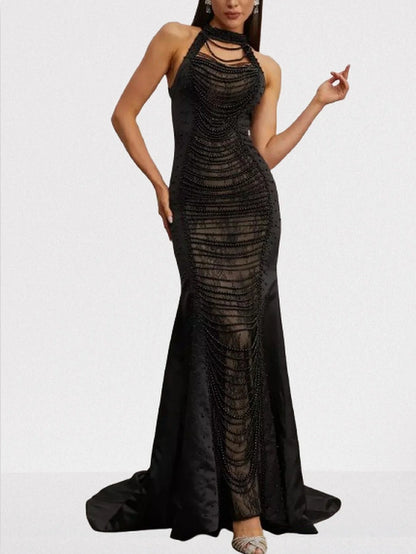 Bead-Embellished Halterneck Black Gown - Dresses