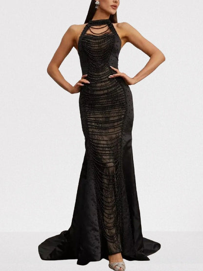 Bead-Embellished Halterneck Black Gown - Dresses