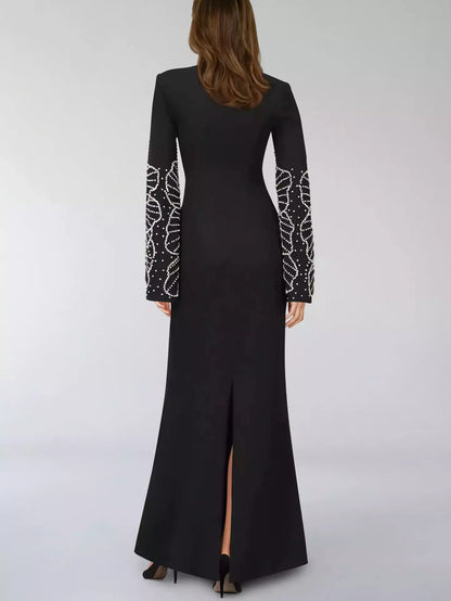 Bead-Embellished Split-Sleeve Long Black Gown