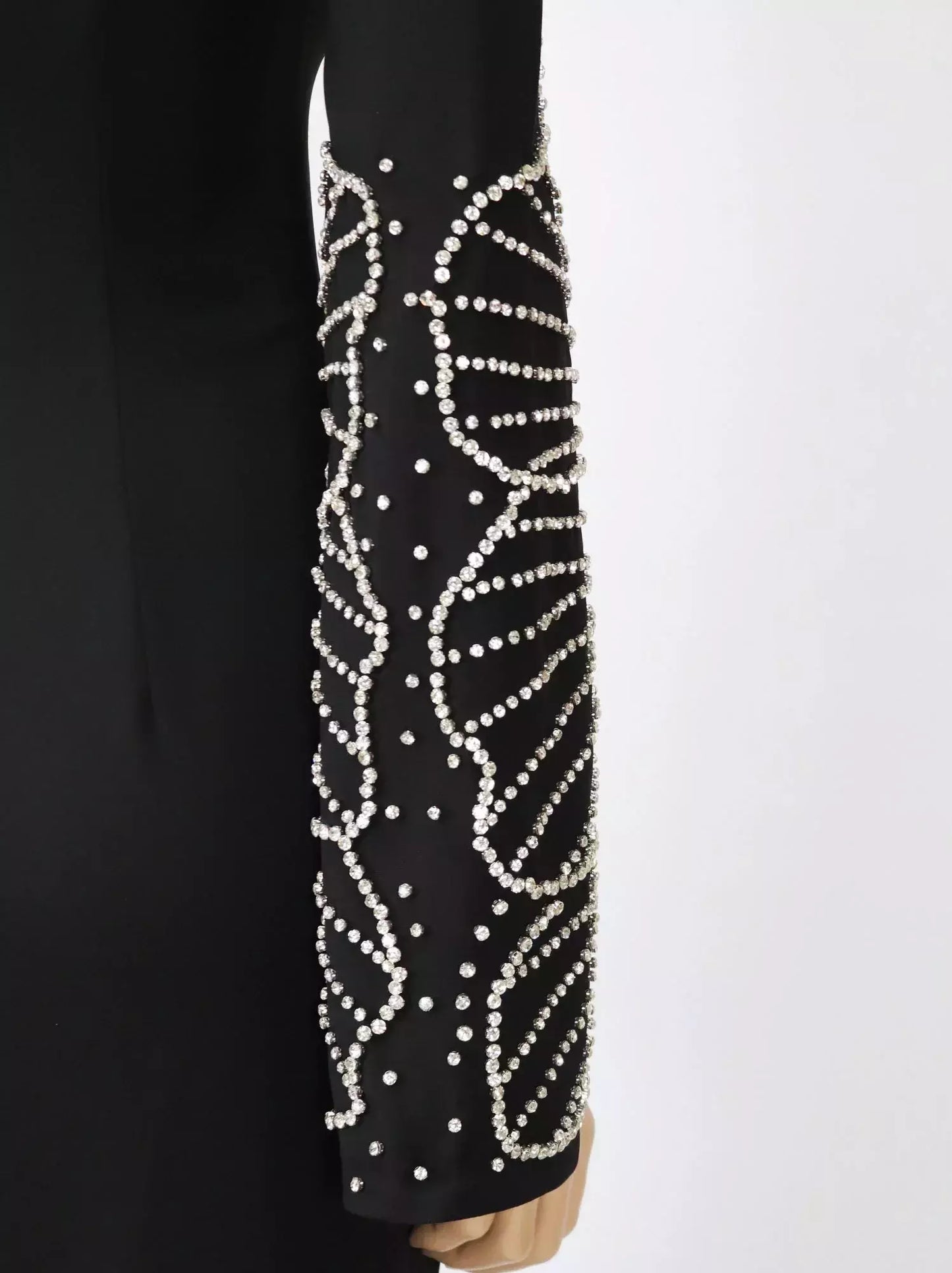 Bead-Embellished Split-Sleeve Long Black Gown