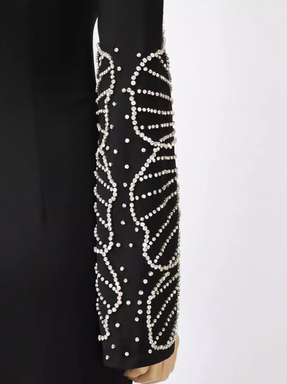 Bead-Embellished Split-Sleeve Long Black Gown