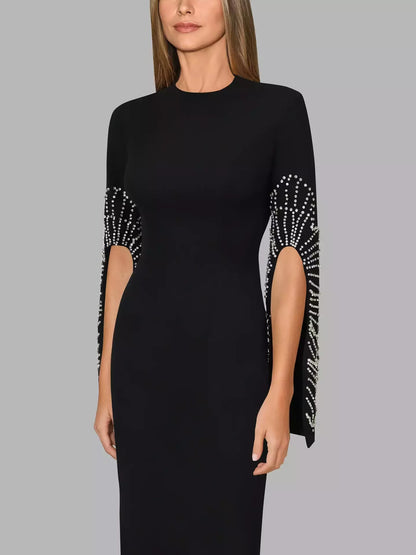 Bead-Embellished Split-Sleeve Long Black Gown
