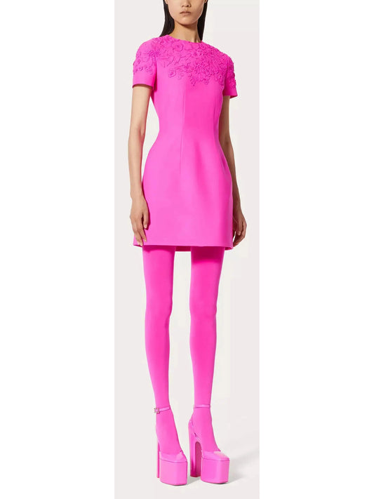 Bead-Embroidered Mini Dress in Fuchsia Pink - Branna Couture