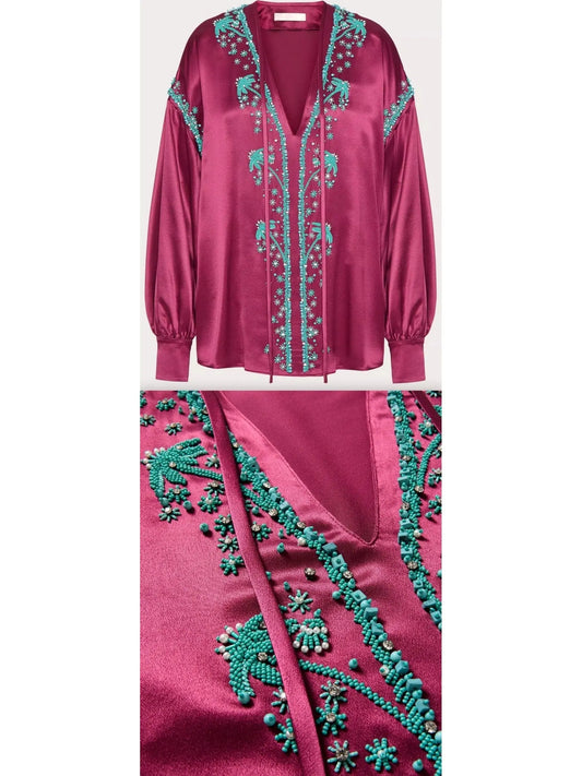 Bead-Embroidered Silk De Soie Top - Branna Couture