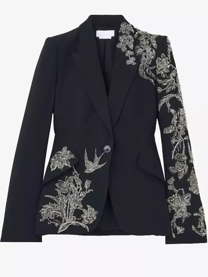 Bead and Sequin-Embellished Tailored Black Blazer - Jackets