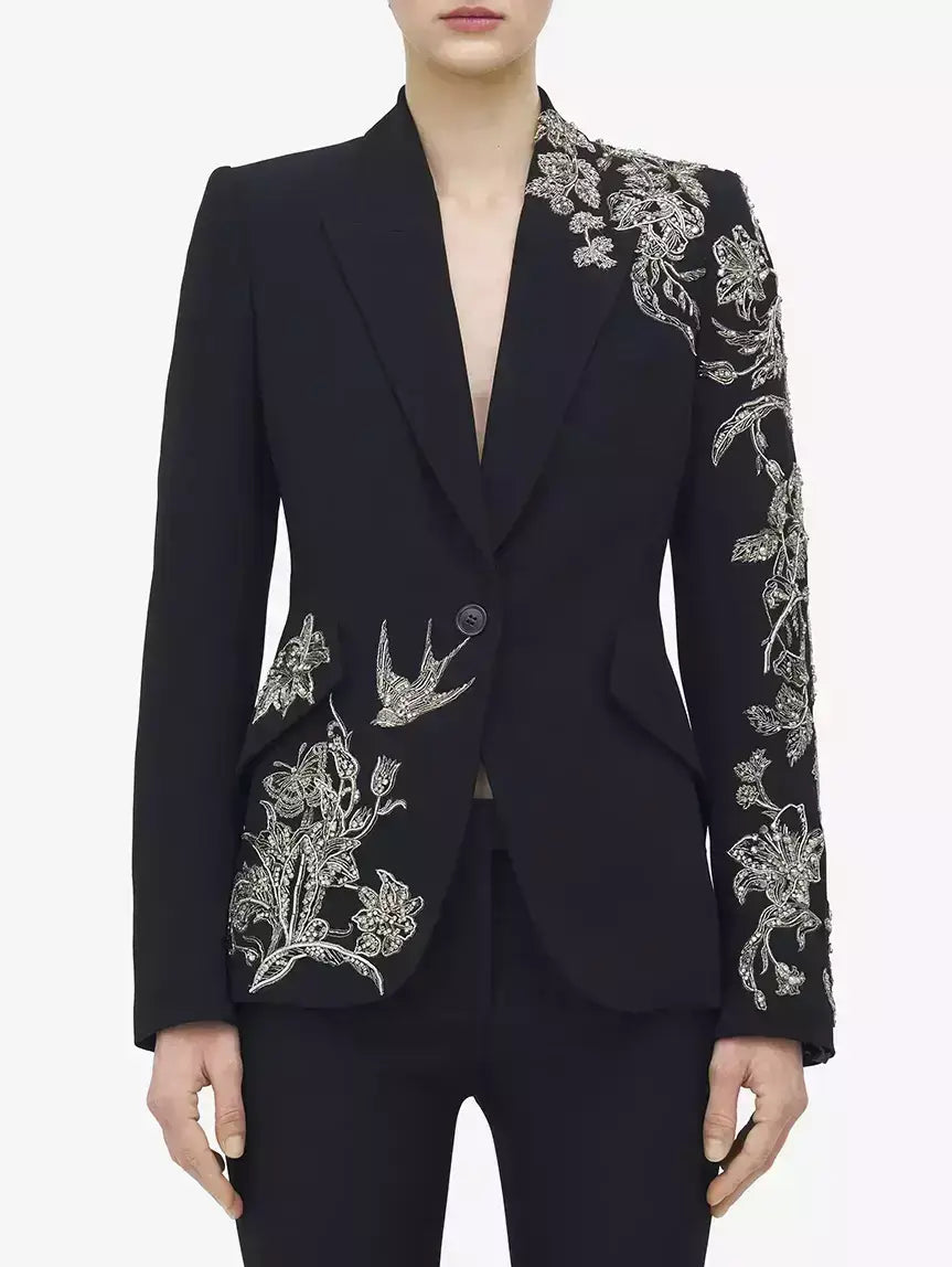 Bead and Sequin-Embellished Tailored Black Blazer