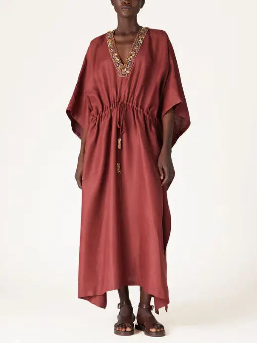 Beaded V-Neck Drawstring-Waist Kaftan Dress - Branna Couture