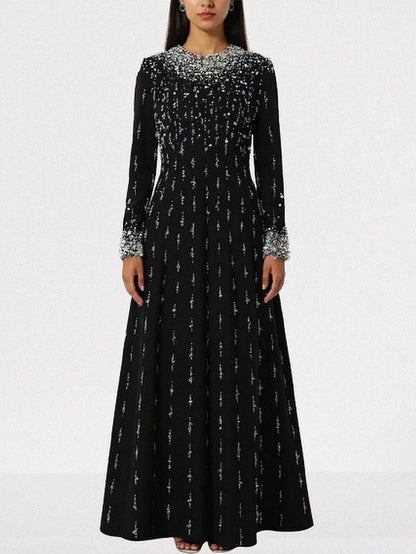 Beaded Long-Sleeve Embellished Maxi Gown - S / Black - Dresses