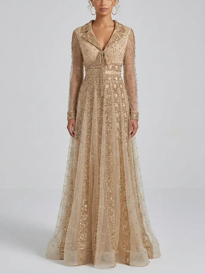 Beaded Sequin Panel Long Gown with V-Neck Lapel Collar - S / Champagne - Dresses