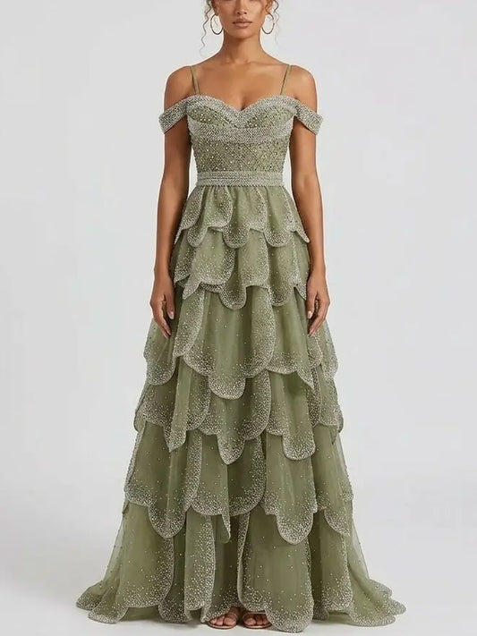 Beaded Tiered Tulle Maxi Dress with Off-Shoulder Detail - S - Dresses