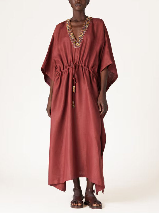 Beaded V-Neck Drawstring-Waist Kaftan Dress - Branna Couture