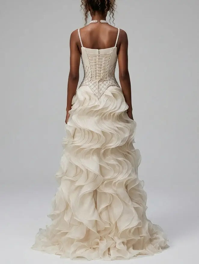 Beaded Corset Organza Ruffle Gown with Lace-Up Back - Dresses