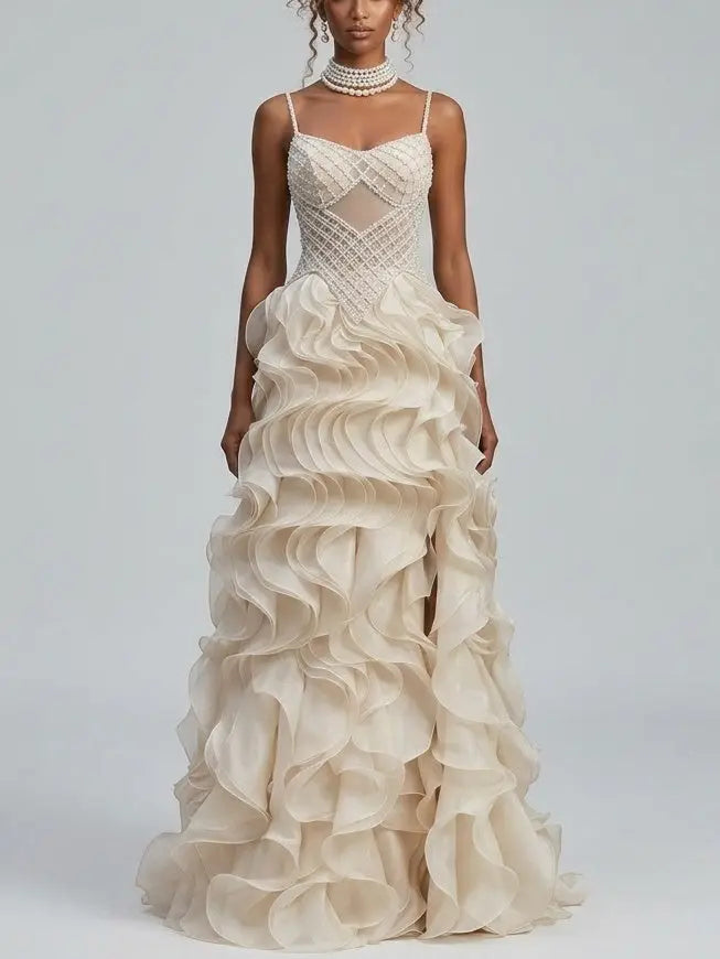 Beaded Corset Organza Ruffle Gown with Lace-Up Back - Dresses